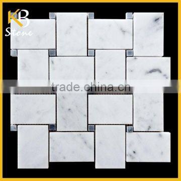 Bianco Carrara Marble Polished Mosaic Tiles Wide Basketweave 55x81 Black Dot