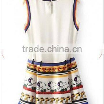White Snoopy Print Pleated Belt Sleeveless Chiffon Dress photo-2