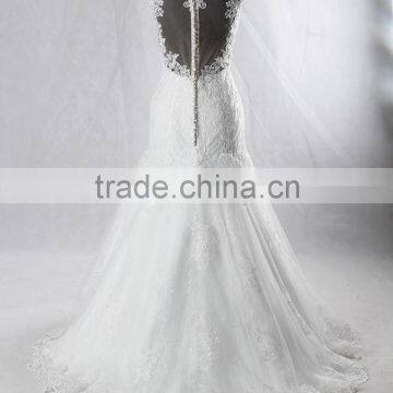 RSW928 Cap Sleeves Illusion Neckline See Through Back Lace Wedding Dresses Mermaid With Detachable Train