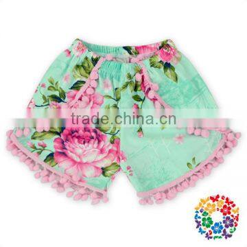 Toddler Kids Girls Pink Floral Cotton Pom Pom Shorts Boutique Summer Shorts Wholesale Baby Clothes photo-3