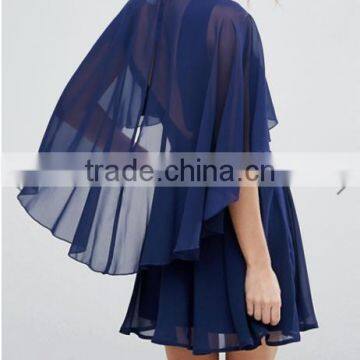 OEM Service Supply Type And Evening / Formal Dresses Type Elegant Evening Dress/ Navy Chiffon Dip Back Cape Mini Dress