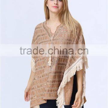 New Arrival Ladies Fashion Design Elegant Winter/Autumn Tan Colour Dolman/ Cape/Shawl Coat With Fringing and Beading for Women photo-2