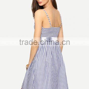 Blue Stripe Sleeveless Bow Dress 2017 Fashion Smart Lady Casual Dress photo-3