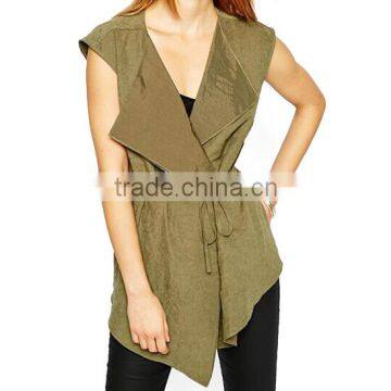 Olive Green Tie Waist Fashion Europe Style Sleeveless Jacket Wholesale