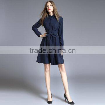 POLO Collar Middle Waisted Long Sleeve Formal Office Elegant Autumn Spring A-line Blouse Dress