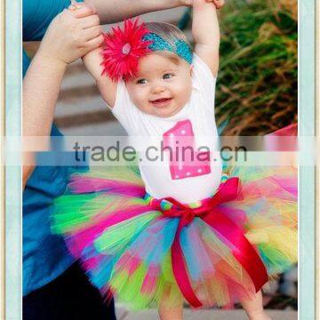 Baby Girl infant NO.1 Appliqued Short Sleeved White Top Colorful Tutu Dress For 1st birthday photo