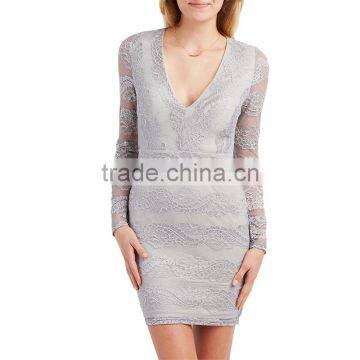Fashion Mature Women Sexy Designs Deep v Neck Short Long Sleeve Patterns Lace Dress