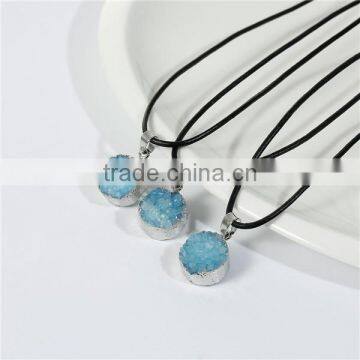 New Fashion Natural Quartz Crystal Druzy /Drusy Necklace Black Cord Silver Tone Blue Round Pendant 44.8cm Long photo-2