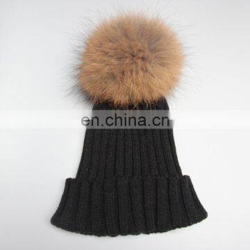 Black classical strips pattern fur bobble hats women pompon warm hats