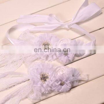 Bridal Sash Matching Headband Sets With Rhinestone White Flower Crown Baby Baptism Sash Belt