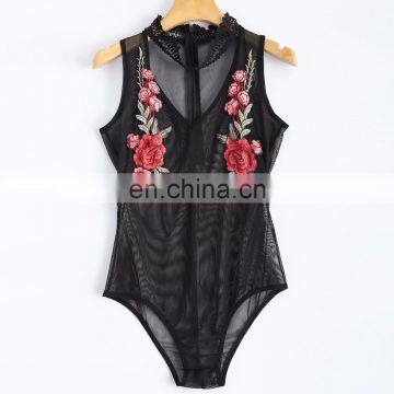 Women Sexy&club Bodysuit Black Net Mesh Hollow Out Embroidered Rose Patchwork Sleeveless Blouse photo-4