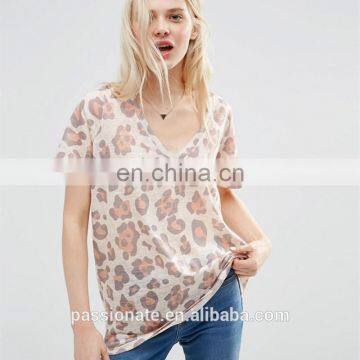 Sexy Women Leopard Animal Print Longline v Neck t Shirt photo-3