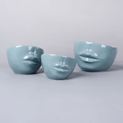 People Mouth Shape Little Blue Grey White Ceramic Flower Pot, Office Factory Decoration