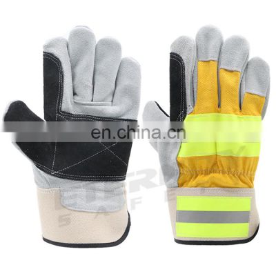 Fluorescence thicken rugged wear cow split leather safety gloves men