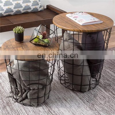 Round metal basket wooden nesting coffee table with storage nordic