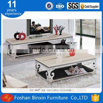 Living room furniture Marble top D007 stainless steel &tempered glass rectangular coffee table with wooden drawers tea table