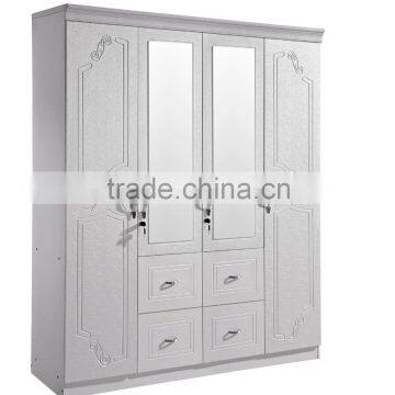 wardrobe 4 doors white silver color with middle mirror modern design