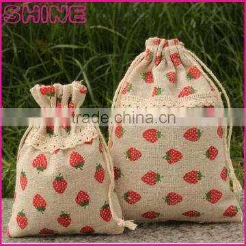 Welcome customized print linen fibric gift jewelry bag,small promotion drawstring strawberry linen bag