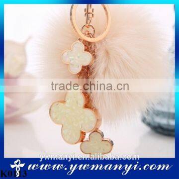 2016 Cute rabbit fur ball key chain four-leaf clover fur keychain key ring hanger fur bag charm K0113                        
                                                Quality Choice