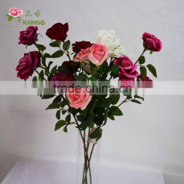 3 heads open fake giant artificial rose flower shop sale directly velvet fabric lifelike