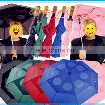 MONO color Air Vented Folding umbrella Double Canopy have Hole wooden handle Double Layer 2 Fold Umbrella