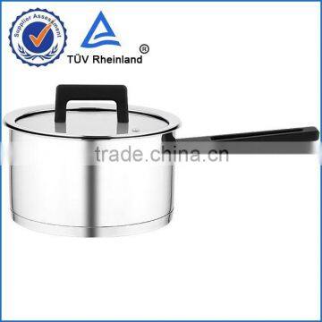 Food grade stainless steel pot with black bakelite handle and knob
