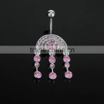 Multi Pink Gems Paved Arch Top Charms Round Dangle Belly Button Naval Ring.