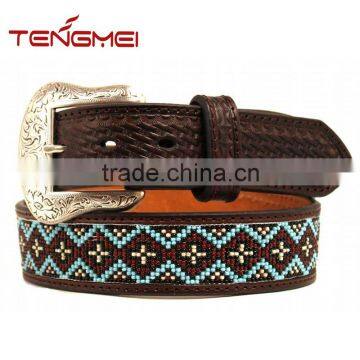 Men Ribbon Inlay Basketweave Embossed Western Leather Beaded Belt