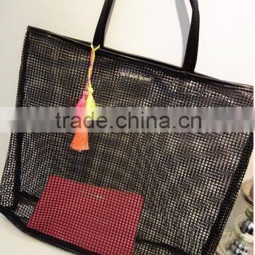 New designer solid mesh beach tote handbag with cosmetic bag