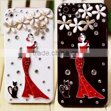 New fashion girl and cat hign-end flowers diamond mobile phone cover for 4s/5