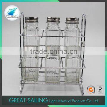 Set of Six Clear Glass Pepper Bottle in Iron Basket