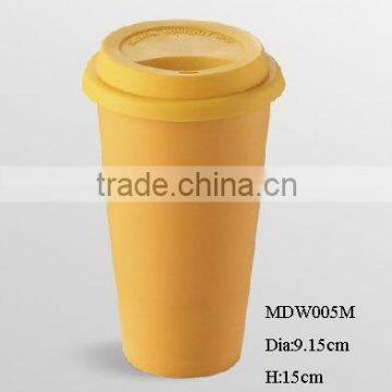 12oz eco-friendly reusable double wall cermaic coffee cup w/ silicone lid matte finish