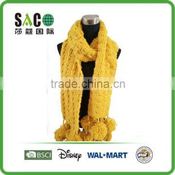 hollow out cable pattern with pom pom yellow acrylic scarf