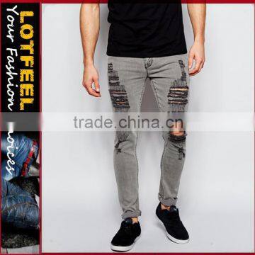 High quality distressed grey man denim skinny jeans pant ripped skinny jeans production line(LOTA003)