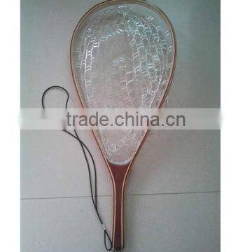 Wooden fly fishing landing net with rubber net