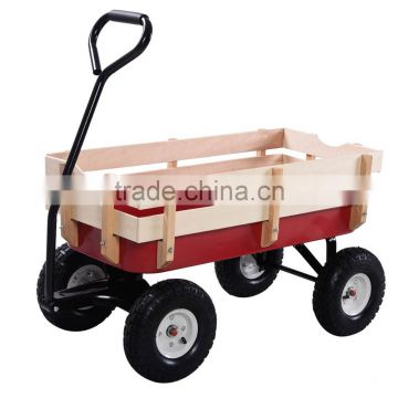 Outdoor Wagon ALL Terrain Pulling Children Kid Garden Cart w/ Wood Railing Red