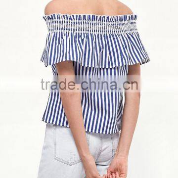 Ladies Smocking Elastic off Shoulder Striped Blouses With Frills Casual Tops photo-3