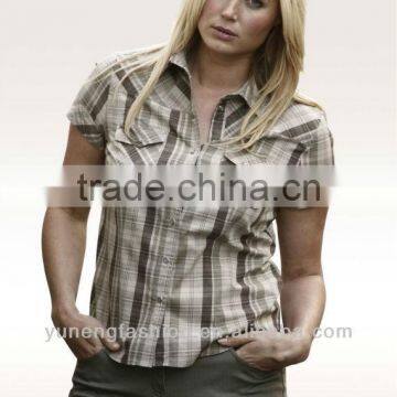Ladies Plus Size Blouse Short Sleeve Cotton Blouse Checked Blouse