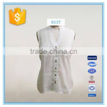 Latest New Design Casual Shirt Pleated Design White Sleeveless Blouse