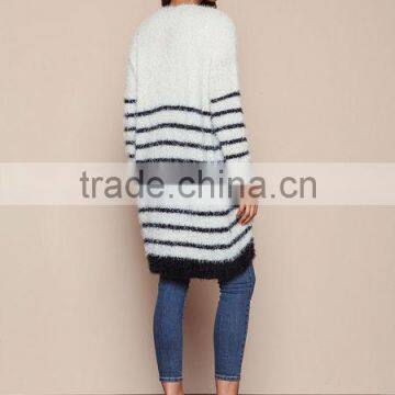 MGOO 2016 New Arrival Fuzzy White Striped Cardigan Women Knit Tops Cashmere Sweaters Women Clothing photo-5