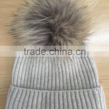 winter knitted rib cashmere kids hats with raccoon fur pom pom