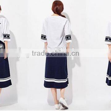 Female Money Navy Blue Printed Knitted Waistband Draw String Dress photo-6