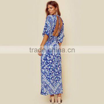 Gypsy Boho Hippie Printed Clothes Half Sleeve Backless Floral Maxi Dress photo-4