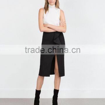 Black Frill Pencil Midi Skirt with Front Split /Bulk Wholesale Clothing Factories