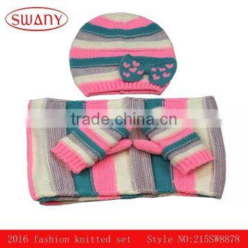 2016 fashion 100%acrylic kids scarf gloves and hat