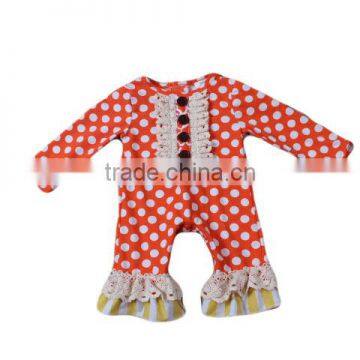 boutique girl clothing orange color cotton lace ruffle romper dot baby girl romper with headband