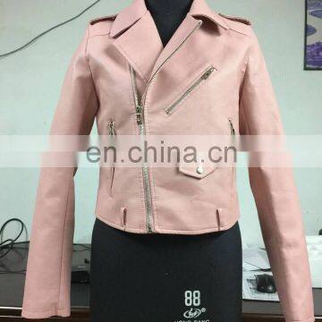 New Women Fashion Biker Motorcycle PU Soft Leather Zipper Jacket PU Coat Faux Leather Jacket Winter Jacket in Pink color