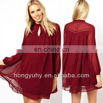 2013 women polyester chiffon red maternity dress with long sleeves and sheer yoke made in China OEM free sample