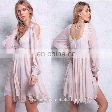 Cold shoulder sleeve chiffon swing dress, embroidered chiffon dress