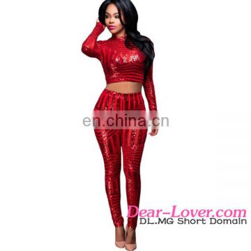 2017 Latest Spring Hot Sale Women Casual Red Sequins Two Piece Pant Sets